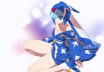  1girl bare_shoulders blue_eyes blue_kimono breasts cleavage collarbone fairy_leviathan_(mega_man) forehead_jewel helmet japanese_clothes joints kaidou_zx kimono legs looking_at_viewer mega_man_(series) mega_man_x_(series) mega_man_x_dive mega_man_zero_(series) off_shoulder official_alternate_costume print_kimono sitting small_breasts 