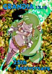  1girl anniversary breasts closed_mouth feena_(grandia) flower full_body grandia grandia_i green_hair hair_ornament hair_tubes highres jewelry layered_sleeves long_hair low-tied_long_hair midriff navel necklace okobore_de_shou skirt smile solo thighhighs wide_sleeves 