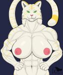 animated anthro big_breasts breasts felid female front_view fur grinning_at_viewer hands_on_hips hi_res huge_breasts ixthyria looking_at_viewer mammal mishar muscular muscular_female nipples nude one_eye_closed pantherine pec_flexing solo standing stripes tiger white_body white_fur wink winking_at_viewer yellow_stripes