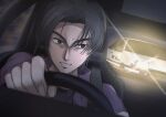  1boy absurdres black_shirt brown_eyes brown_hair car collared_shirt driving fujiwara_takumi&#039;s_toyota_trueno_ae86 guchagucha highres initial_d looking_to_the_side male_focus motion_lines motor_vehicle parted_lips purple_skirt shirt short_sleeves shouji_shingo skirt solo toyota toyota_sprinter_trueno v-shaped_eyebrows vehicle_interior 