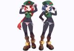  2girls adjusting_clothes adjusting_headwear android black_bodysuit blue_eyes blue_hair blue_pants bodysuit bodysuit_under_clothes boots braid brown_footwear green_headwear kaidou_zx long_hair mega_man_(series) mega_man_zero_(series) multiple_girls panties pants red_eyes red_hair red_panties robot_ears salute short_hair side-tie_panties simple_background striped_clothes striped_panties underwear unnamed_female_soldier_(mega_man_zero) white_background white_panties 