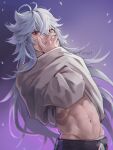  1boy alternate_costume artist_name black_pants brown_shirt closed_mouth clothes_lift covering_own_mouth genshin_impact grey_hair guilty_challenge_(meme) hair_between_eyes hand_over_own_mouth highres jornimorn long_hair long_sleeves male_focus meme messy_hair midriff navel pants razor_(genshin_impact) red_eyes shirt shirt_lift solo stomach 