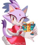  1girl animal_ears blaze_the_cat cat_ears cat_girl cat_tail christmas_present forehead_jewel furry furry_female gift gloves highres nuinu_17 ponytail purple_fur santa_costume simple_background smile sonic_(series) tail white_background white_gloves yellow_eyes 