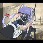  1girl animal_ear_hairband animal_ears apron back_bow bad_gun_anatomy barbed_wire black_dress black_pantyhose blunt_bangs bow cat_ear_hairband cat_ears cat_tail covered_face dithering dress facing_to_the_side facing_viewer factory fake_animal_ears feet_out_of_frame from_side gas_mask grass gun hair_ribbon hairband holding holding_gun holding_weapon jaggy_lines letterboxed lokulo-chan lokulo_no_mawashimono long_hair low_twintails lowres maid mask on_one_knee original outdoors pantyhose parody planted puffy_short_sleeves puffy_sleeves purple_eyes purple_hair red_bow red_ribbon revision ribbon rifle short_dress short_sleeves solo stalker_(game) tail tail_bow tail_ornament tail_raised topless twintails warehouse weapon white_bow yellow_background 