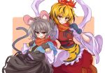  2girls animal_ear_fluff animal_ears animal_print black_hair black_mittens black_skirt blonde_hair blue_capelet capelet commentary_request fur_trim grey_hair hair_ornament highres long_sleeves looking_at_viewer mifutatsu mittens mouse_ears mouse_girl multicolored_hair multiple_girls nazrin orange_background orange_eyes red_eyes red_scarf scarf shawl skirt streaked_hair tiger_print toramaru_shou touhou wide_sleeves 