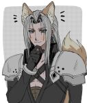  1boy animal_ears armor belt black_coat black_gloves blush_stickers chest_strap coat commentary final_fantasy final_fantasy_vii final_fantasy_vii_remake fox_boy fox_ears fox_tail gloves green_eyes grey_hair hand_on_own_chin hand_up high_collar kemonomimi_mode long_bangs long_coat long_hair long_sleeves looking_at_viewer male_focus mtr_dayoo muted_color parted_bangs pauldrons screentones sephiroth shoulder_armor smirk solo standing symbol-only_commentary tail upper_body 