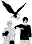  1girl 2boys animal bald_eagle bird black_hair black_sleeves choujin_x eagle glass height_difference higashi_azuma_(choujin_x) highres kurohara_tokio_(choujin_x) long_sleeves masamune_(choujin_x) military_uniform monochrome multiple_boys otta_ely_(choujin_x) rokuen_skd signature simple_background uniform white_background 