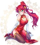  1girl china_dress chinese_clothes circlet dress forehead_protector green_eyes high_heels highres iesupa long_hair ponytail pyrrha_nikos red_hair rwby solo thighhighs 