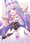  1girl animal_ears bell breasts cat_ears cat_girl cat_tail crown detached_sleeves dress eskimofox gem grey_hair highres hololive hololive_english koseki_bijou long_hair looking_at_viewer neck_bell open_mouth paw_pose purple_eyes small_breasts solo tail tongue very_long_hair virtual_youtuber 