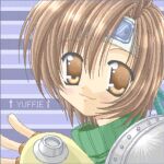  1girl 2000s_(style) :3 armor artist_request blue_background blush brown_eyes brown_gloves brown_hair character_name final_fantasy final_fantasy_vii fingerless_gloves gloves green_sweater hand_up headband jpeg_artifacts looking_at_viewer pauldrons pixel_art short_hair shoulder_armor single_pauldron smile solo source_request striped_background sweater turtleneck turtleneck_sweater upper_body yuffie_kisaragi 