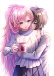  1boy 1girl :d blue_eyes blue_skirt breasts brown_hair collared_shirt commentary_request cup gundam gundam_seed gundam_seed_freedom hair_between_eyes hair_ornament highres holding holding_cup hug kira_yamato lacus_clyne long_hair long_sleeves medium_breasts mug parted_bangs pink_hair pleated_skirt ponytail purple_eyes shirt simple_background skirt smile toshi_(1-147) very_long_hair white_background white_shirt 