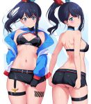 1girl ass ass_visible_through_thighs bare_arms bare_shoulders black_gloves black_hair black_skirt blue_eyes blue_jacket blush breasts cleavage_cutout closed_mouth clothing_cutout commentary_request cowboy_shot criss-cross_halter crop_top english_commentary floating_hair gloves gridman_universe hair_ribbon halterneck highres jacket leg_tattoo long_hair long_sleeves looking_at_viewer looking_back median_furrow medium_breasts miniskirt mixed-language_commentary multiple_views nanikairu navel off_shoulder official_alternate_costume open_clothes open_jacket paid_reward_available ponytail ribbon shoulder_blades skindentation skirt skirt_tug smile split_mouth ssss.gridman standing stomach takarada_rikka tattoo thigh_gap thigh_strap underbutt 