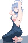  1girl absurdres ako_(blue_archive) ako_(dress)_(blue_archive) armpits arms_behind_head arms_up backless_dress backless_outfit barefoot blue_archive blue_dress blue_eyes blue_hair blue_halo blush breasts dress hair_between_eyes hairband halo highres hikkio large_breasts long_hair looking_at_viewer official_alternate_costume reflection reflective_floor seiza sideboob simple_background sitting sleeveless sleeveless_dress solo white_background 