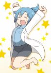  \o/ arms_up bangs barefoot black_skirt blue_hair blue_shirt blush_stickers clenched_hands closed_eyes collared_shirt commentary_request jumping labcoat long_sleeves outstretched_arms pencil_skirt ponytail shirt short_ponytail sidelocks skirt solo star starry_background tsukigi twitter twitter-san twitter-san_(character) 