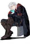 1boy bishounen black_gloves blue_eyes coat devil_bringer devil_may_cry_(series) gloves highres holding hood looking_at_viewer male_focus mechanical_arms nero_(devil_may_cry) senbeikunxxx simple_background single_mechanical_arm solo white_background white_hair 