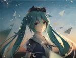  black_hat black_ribbon blue_eyes blue_sky breasts cleavage collarbone floating_hair green_hair hair_between_eyes hat hatsune_miku highres long_hair moon-cake outdoors ribbon short_sleeves sky small_breasts solo upper_body very_long_hair vocaloid 