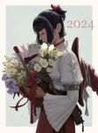  2024 basket bow cat flower happy_new_year hat highres hollizho red_bow short_hair witch witch_hat 