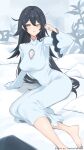  1girl black_hair blue_eyes breasts cleavage cleavage_cutout clothing_cutout commission drooling hair_between_eyes highres indie_virtual_youtuber k_(art71) long_hair long_sleeves mouth_drool nightgown noshime_mena one_eye_closed pillow skeb_commission solo thank_you twitter_username virtual_youtuber white_nightgown wide_sleeves 