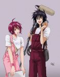  1boy 1girl ahoge black_hair boom_microphone copyright_name couple grey_background gundam gundam_seed gundam_seed_freedom haro headphones headphones_around_neck highres lunamaria_hawke microphone nagisa_(nagi7mayn) overalls pink_overalls purple_eyes red_eyes red_hair red_overalls shinn_asuka shirt short_hair smile white_shirt wristband 