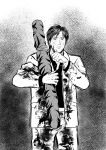  1boy blazer blood blood_on_clothes blood_on_face collared_shirt commentary_request cowboy_shot fukumoto_mahjong greyscale highres holding jacket looking_down male_focus medium_bangs monochrome open_mouth pants sawada_(ten) shirt short_hair solo suit ten_(manga) weapon_bag wrinkled_skin y_(yism) 