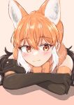  1girl :3 animal_ears bare_shoulders blush bow bowtie brown_gloves brown_hair crossed_arms elbow_gloves extra_ears fur_collar gloves hair_between_eyes highres kemono_friends long_hair maned_wolf_(kemono_friends) multicolored_clothes multicolored_gloves multicolored_hair orange_bow orange_bowtie orange_eyes orange_fur orange_gloves orange_hair sidelocks sleeveless smile solo tsuppushi twintails white_hair wolf_ears wolf_girl 