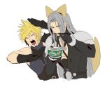  2boys animal_ears armor belt black_belt black_coat black_gloves blonde_hair blue_eyes blue_sweater bowl chest_strap chopsticks closed_eyes cloud_strife coat cropped_torso donbee_(food) donbee_kitsune_udon eating final_fantasy final_fantasy_vii final_fantasy_vii_remake food fox_ears fox_tail gloves grey_hair hands_up high_collar highres holding holding_bowl holding_chopsticks holding_food igusaharu instant_udon kemonomimi_mode leaning_back leaning_forward long_bangs long_hair long_sleeves male_focus multiple_belts multiple_boys open_clothes open_coat parted_bangs pauldrons sephiroth shoulder_armor shouting simple_background single_pauldron sleeveless sleeveless_sweater sleeveless_turtleneck slit_pupils spiked_hair suspenders sweatdrop sweater tail turtleneck twitter_username upper_body white_background 