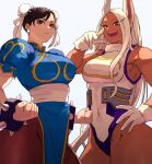  2girls 6maker animal_ears bare_shoulders blue_dress boku_no_hero_academia bracelet breasts brown_eyes bun_cover china_dress chinese_clothes chun-li clenched_hands closed_mouth covered_navel crescent_print dark-skinned_female dark_skin double_bun dress earrings fur_collar gloves hair_bun hand_on_own_hip hand_up highleg highleg_leotard jewelry leotard long_eyelashes long_hair looking_at_viewer medium_breasts mirko multiple_girls open_mouth pantyhose parted_bangs pelvic_curtain rabbit_ears rabbit_girl red_eyes sash short_hair sleeveless_turtleneck_leotard smile spiked_bracelet spikes street_fighter taut_leotard toned very_long_hair white_background white_gloves white_hair white_leotard yellow_trim 