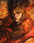  1boy armor artist_name burning chainmail dragon dragon_ornament elden_ring elden_ring:_shadow_of_the_erdtree embers fire forked_tongue helmet highres long_hair looking_at_viewer messmer_the_impaler one_eye_closed oreki_genya ornate ornate_armor red_eyes red_hair red_robe red_snake robe slit_pupils snake snake_on_shoulder solo tongue winged_helmet yellow_eyes 