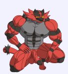 abs anthro balls black_glans black_nipples claws feet generation_7_pokemon genitals gesturing_at_viewer glans half-erect hand_on_leg hand_on_own_leg hand_on_own_thigh hand_on_thigh hi_res incineroar kneeling male muscular muscular_male nintendo nipples pecs penis pokemon pokemon_(species) red_penis red_tail saggy_balls secromon sharp_teeth simple_background smile smirk smug solo tail teeth toes vein veiny_penis white_background white_claws yellow_sclera