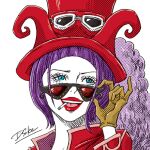  1girl belo_betty blue_eyes bob_cut cigarette close-up commentary dsuke_f gloves goggles goggles_on_headwear hat_feather jacket one_piece purple_hair red-tinted_eyewear red_headwear red_jacket red_lips signature simple_background smile solo sunglasses tinted_eyewear white_background 