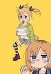  2girls blonde_hair blue_eyes boots candy cardigan clapping expressionless food green_cardigan grey_eyes kyoufuu_all_back_(vocaloid) light_brown_hair lollipop miyahara_takuya miyamori_aoi mouth_hold multiple_girls palms_together paper parody shirobako short_hair shorts simple_background striped_clothes striped_thighhighs thighhighs twintails wind yano_erika yellow_background 
