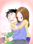  1boy 1girl absurdres aged_down black_hair blue_hoodie blush brown_eyes brown_hair child commentary_request forehead hatomugi_(user_datj4345) highres hood hoodie hug hug_from_behind indian_style karakai_jouzu_no_takagi-san kneeling nishikata shirt sitting stuffed_animal stuffed_dragon stuffed_toy sweatdrop takagi-san yellow_shirt 