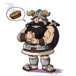  1boy beard brown_hair dungeon_meshi dwarf facial_hair fake_horns fist_in_hand food full_body helmet highres horned_helmet horns long_beard male_focus muscular muscular_male nic_parris pie senshi_(dungeon_meshi) solo spoken_object standing thick_mustache thinking very_long_beard wok 