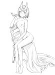  1girl absurdres artist_name barefoot blanket bob_cut breasts chair closed_mouth completely_nude fate/grand_order fate_(series) full_body greyscale headpiece highres holding holding_plate horns looking_at_viewer monochrome nipples noiretox nude oni plate pouring short_hair shuten_douji_(fate) simple_background sitting sketch small_breasts solo white_background 