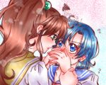  2girls bishoujo_senshi_sailor_moon blue_eyes blue_sailor_collar earrings flower_earrings green_eyes green_sailor_collar hair_bobbles hair_ornament highres jewelry juuban_middle_school_uniform kino_makoto kino_makoto&#039;s_school_uniform lips medium_skirt mizuno_ami multiple_girls sailor_collar school_uniform skirt stud_earrings supernova24_24 