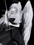  1girl angel_wings black_background black_halo blue_eyes choujin_x facial_tattoo feathered_wings halo highres holding holding_sword holding_weapon long_hair looking_at_viewer nun rokuen_skd shiruha_sora_(choujin_x) sword tattoo weapon white_hair wings 