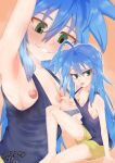  1girl absurdres ahoge armpits black_tank_top blue_hair blush breasts cheeso_art collarbone commentary english_commentary grin hair_between_eyes highres izumi_konata long_bangs long_hair looking_down lucky_star mole mole_on_breast mole_under_eye multiple_views nipples orange_background shorts sitting small_breasts smile tank_top tongue tongue_out upper_body very_long_hair yellow_shorts 