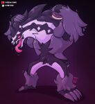 2024 absurd_res anthro brush brushing brushing_fur claws fluffy fur generation_8_pokemon hair hairbrush hi_res holding_object male nintendo nude obstagoon open_mouth open_smile patreon personal_grooming pokemon pokemon_(species) purple_background shadow simple_background smile solo standing stompsthecroc teeth text tongue tongue_out tuft twitch.tv url