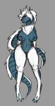 anthro arceus areola blue_areola blue_body bow_legged breasts chest_tuft curvy_female female fur generation_4_pokemon genital_piercing genitals hair head_tail horn jei_(jejunumiper) jejunumiper legendary_pokemon navel nintendo nipple_piercing nipples piercing pokemon pokemon_(species) pussy pussy_piercing red_eyes simple_background solo tail tuft white_body white_fur yellow_piercing