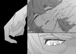  2girls absurdres commentary_request finger_to_another&#039;s_mouth greyscale gundam gundam_suisei_no_majo highres korean_commentary long_hair looking_at_another miorine_rembran monochrome multiple_girls parted_lips saliva sleeping snapagi suletta_mercury 