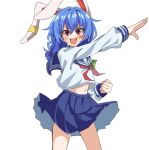  1girl alternate_costume animal_ears blue_hair blue_sailor_collar blue_skirt commentary_request d: earclip long_sleeves looking_at_viewer low_twintails mifutatsu navel neckerchief open_mouth rabbit_ears rabbit_girl red_eyes red_neckerchief sailor_collar school_uniform seiran_(touhou) simple_background skirt smile solo touhou twintails v-shaped_eyebrows white_background 