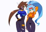  2girls aile_(mega_man_zx) ashe_(mega_man) ass black_bodysuit blue_hair bodysuit bodysuit_under_clothes brown_hair cropped_jacket from_behind green_eyes headband high_ponytail jacket kaidou_zx light_blue_hair long_hair looking_at_viewer mega_man_(series) mega_man_zx mega_man_zx_advent multiple_girls no_pants orange_jacket ponytail red_headband simple_background smile white_background 