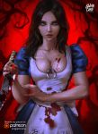  1girl alice:_madness_returns alice_(wonderland) black_hair blood bloody_clothes bloody_knife blue_dress blue_eyes blue_sky boots breasts deviantart_username dress highres holding holding_knife jewelry knife large_breasts logan_cure long_hair looking_at_viewer necklace omega_symbol patreon_username sky solo 