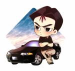  1boy black_eyes black_footwear black_shirt brown_hair brown_pants car chibi collared_shirt crossed_arms frown initial_d male_focus motor_vehicle nakazato_takeshi nissan nissan_skyline nissan_skyline_gt-r nissan_skyline_r32 pants shirt shoes sky sneakers solo spoiler_(automobile) tamu_(tei_fujou) v-shaped_eyebrows 