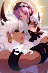  1boy 1girl asterios_(fate) chain character_doll cow_horns earrings echo_(circa) euryale_(fate) fate/grand_order fate_(series) halo horns jewelry open_mouth pink_eyes pink_hair red_eyes smile stuffed_toy white_hair 