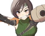  1girl armor armpits blush breasts brown_eyes brown_gloves brown_hair commentary elbow_gloves final_fantasy final_fantasy_vii finger_in_own_mouth fingerless_gloves forehead_protector gloves green_headband green_sweater grin headband kazaguruma2600 making_faces medium_breasts pauldrons ribbed_sweater short_hair shoulder_armor simple_background single_pauldron sleeveless sleeveless_turtleneck smile solo sweater turtleneck upper_body v-shaped_eyebrows white_background yuffie_kisaragi 