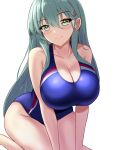  1girl aqua_eyes aqua_hair blue_one-piece_swimsuit blush breasts covered_navel dated hair_between_eyes hair_ornament hairclip highres kantai_collection kneeling large_breasts long_hair looking_at_viewer montemasa one-piece_swimsuit simple_background smile solo suzuya_(kancolle) swimsuit two-tone_swimsuit white_background 