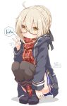  1girl ahoge anzu_ame artoria_pendragon_(fate) black_bow black_thighhighs blonde_hair blue_jacket blue_skirt boots bow braid fate/grand_order fate_(series) glasses hair_bow hair_bun hood hood_down hooded_jacket jacket looking_at_viewer miniskirt mysterious_heroine_x_alter_(fate) pleated_skirt red_scarf scarf semi-rimless_eyewear simple_background skirt solo squatting thighhighs twitter_username v white_background yellow_eyes 