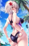  absurdres adjusting_clothes adjusting_swimsuit ahoge alternate_costume ass back bangs blue_butterfly blue_sky blush breasts bug closed_mouth cloud cloudy_sky commentary cowboy_shot day dutch_angle eyebrows_visible_through_hair fate/grand_order fate_(series) flower frown grey_hair hair_flower hair_ornament hibiscus highres horizon jeanne_d'arc_(alter)_(fate) jeanne_d'arc_(fate)_(all) looking_at_viewer looking_back marisasu_(marisa0904) medium_breasts mole_on_thigh nail_polish ocean one-piece_swimsuit palm_tree red_flower red_nails school_swimsuit short_hair shoulder_blades sidelocks silver_hair sky solo standing swimsuit thighs tree wet yellow_eyes 