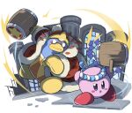  battle blush_stickers coat copy_ability facepaint fur-trimmed_coat fur_trim gloves hachimaki hammer hammer_kirby headband highres holding holding_hammer king_dedede kirby kirby_(series) kirby_and_the_forgotten_land no_humans pillar pom_pom_(clothes) poyo_party red_coat red_eyes star_(symbol) yellow_gloves 